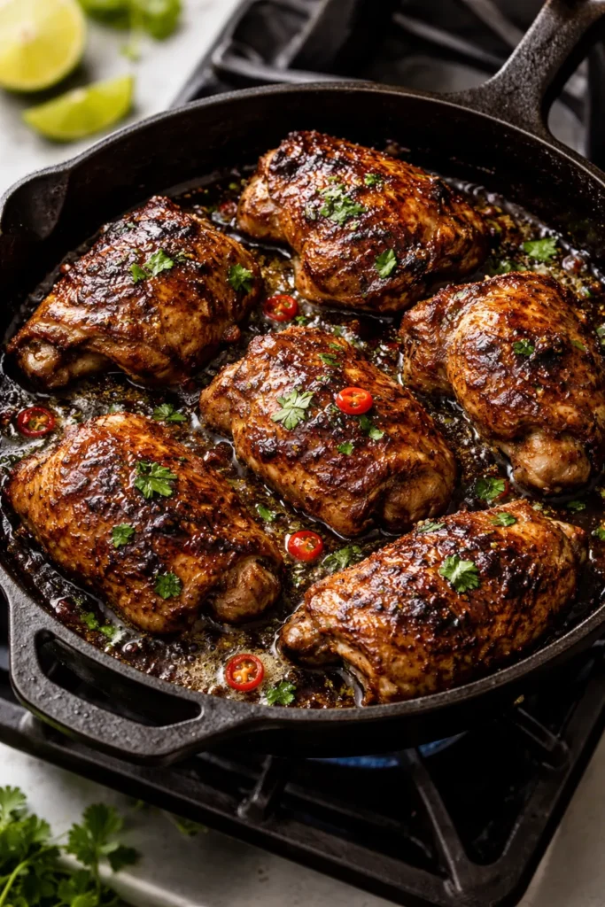 Skillet chicken in cast iron skillet with caramelized crust