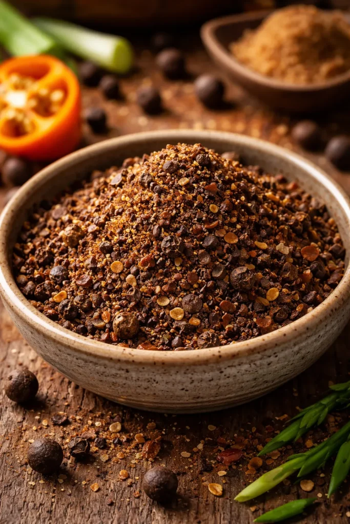 Close-up of jerk spice blend in a bowl showing allspice and brown sugar