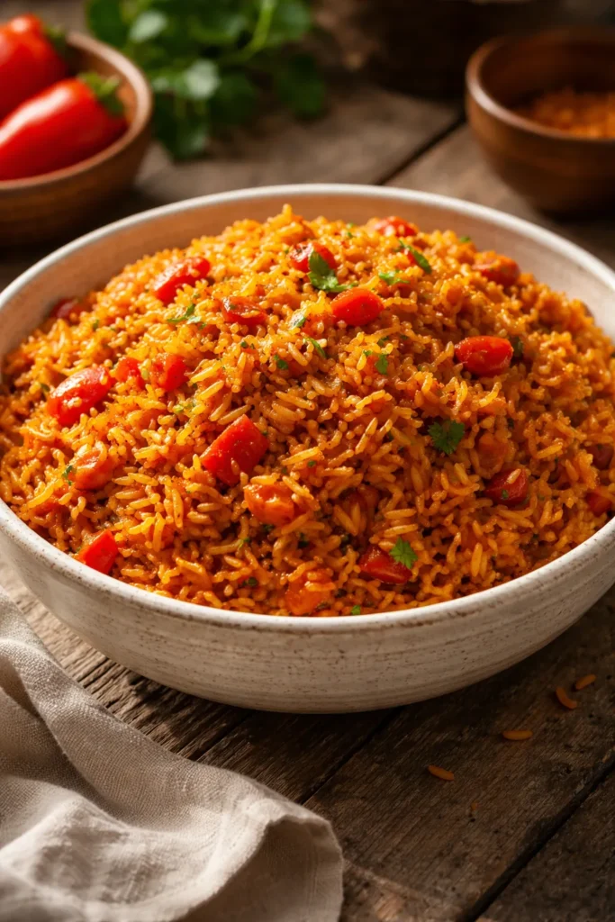 10 West African Recipes to Try at Home 1 Close-up of Jollof Rice in a rustic bowl with a rich orange tomato-pepper base.