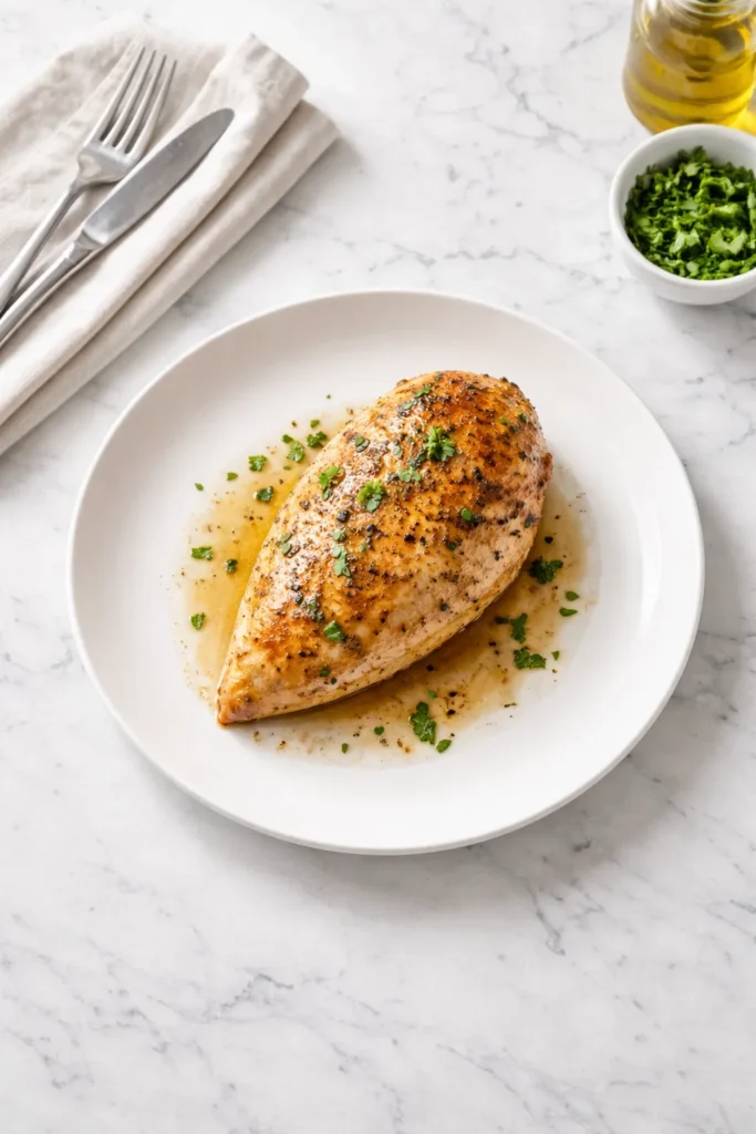 Juicy baked chicken on plate with napkin suggesting wrap-up
