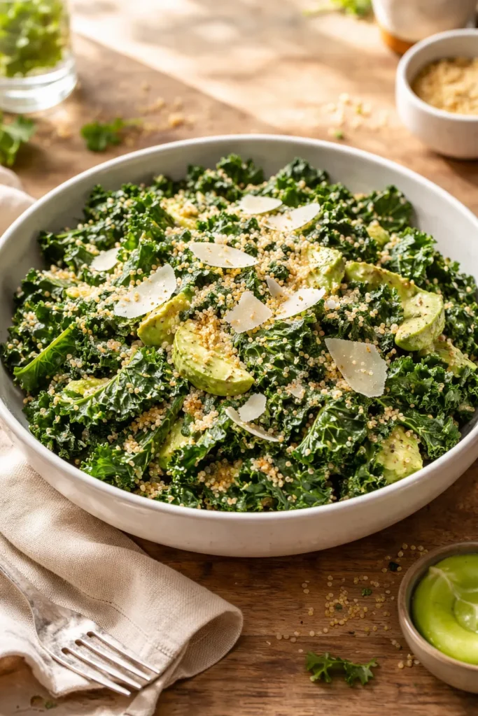 Close-up of kale Caesar with avocado dressing and quinoa