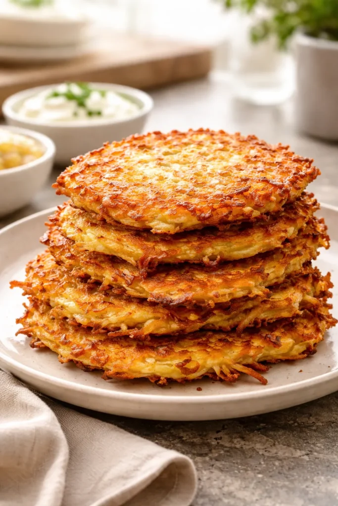 10 Easy German Recipes for a Cozy Dinner 6 Golden brown potato pancakes on plate