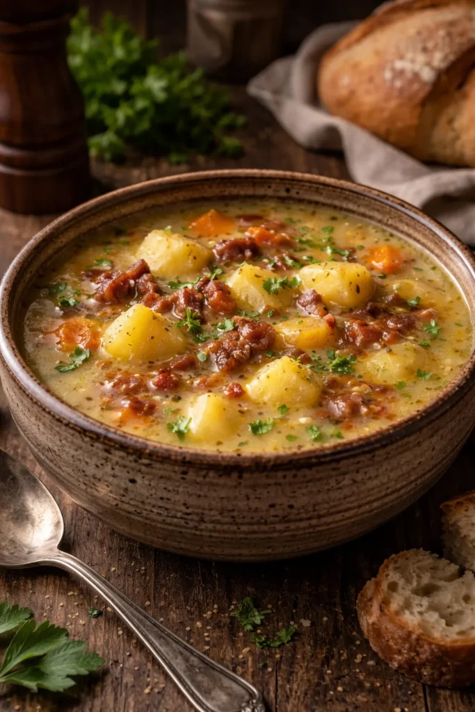 10 Easy German Recipes for a Cozy Dinner 3 Thick potato soup with bacon in rustic bowl