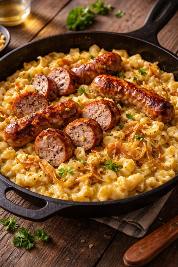 8 Bratwurst and Spaetzle Recipes for Dinner 3 Cheesy spaetzle with bratwurst on cast-iron skillet