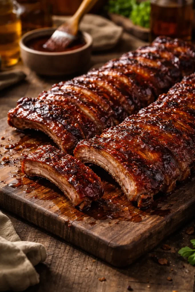 8 BBQ Rib Recipes for a Backyard Cookout 7 Close-up of glossy glazed KC-style ribs with caramelized edges on a wooden cutting board