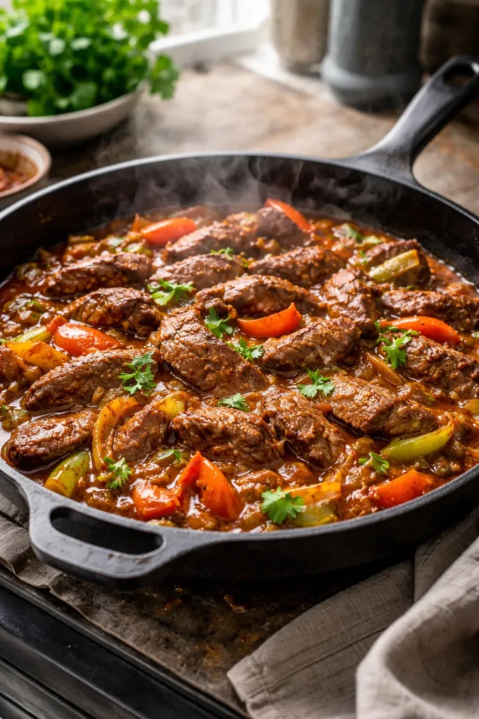 8 Skillet Dinners Ready in 20 Minutes 6 Beef slices browning in a skillet with tomato-based sauce.