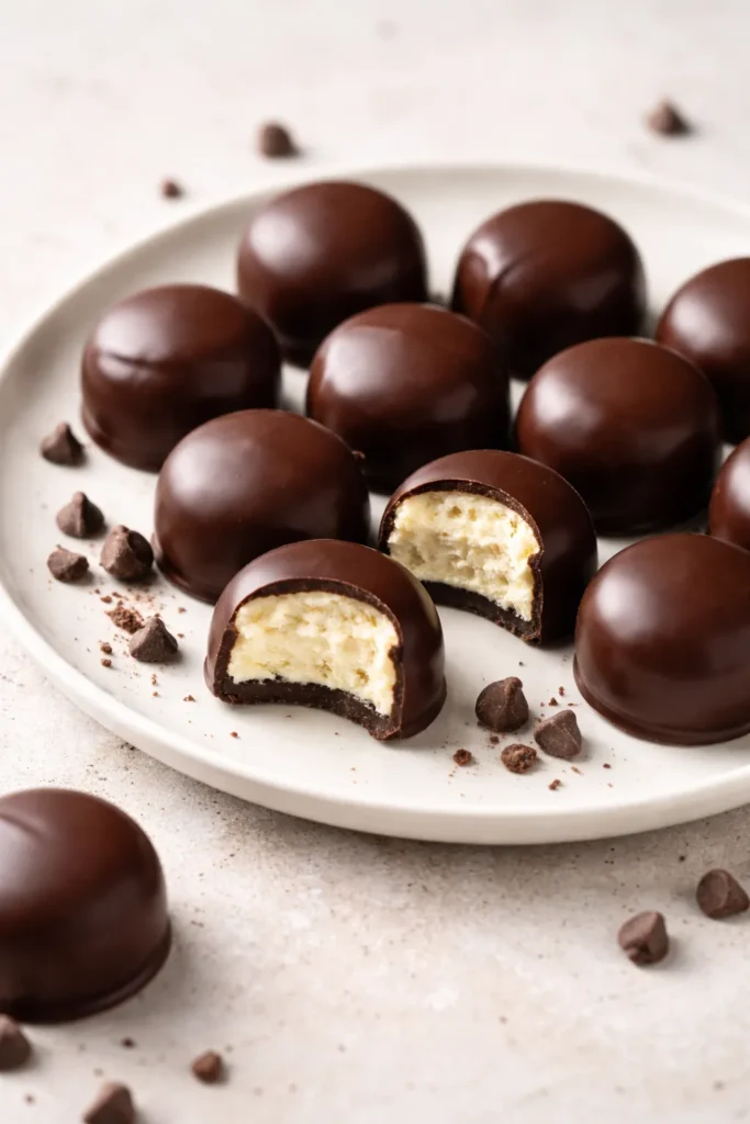 No-bake keto cheesecake bites with chocolate shells on a plate.