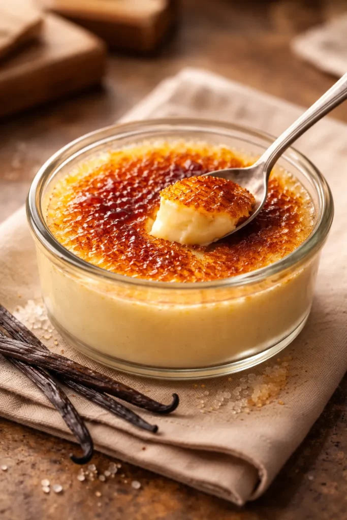 15 Sugar Free Treats That Actually Taste Good 2 Single keto crème brûlée ramekin with caramelized top on a warm counter.