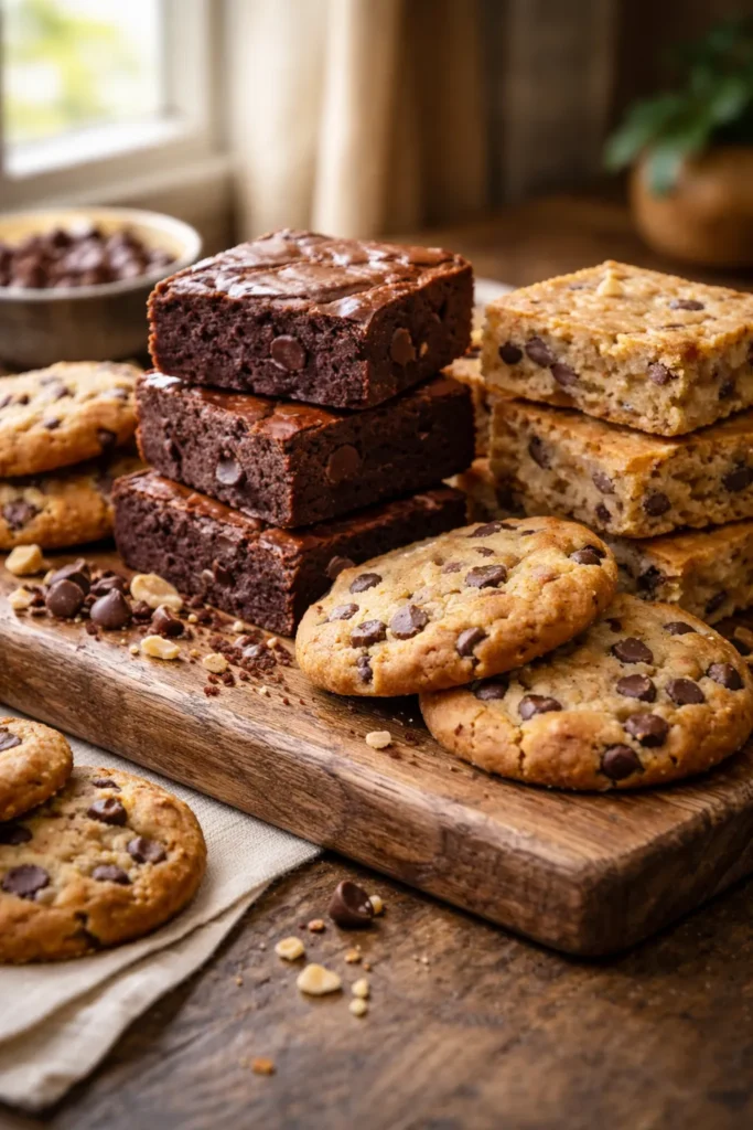 Close-up plate of keto desserts like brownies and cookies, rich color and moist crumb.