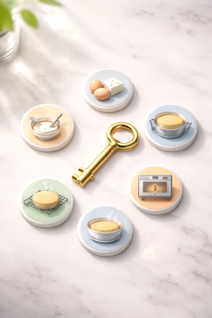 How to Bake a Rich Cheesecake Without Cracking 13 Gold key with five icon tokens representing cheesecake steps on a clean white surface