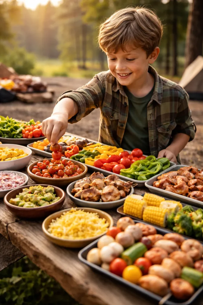 10 Campfire Recipes Even Kids Can Help With 14 Child selecting ingredients from a buffet-style campfire food spread outdoors.
