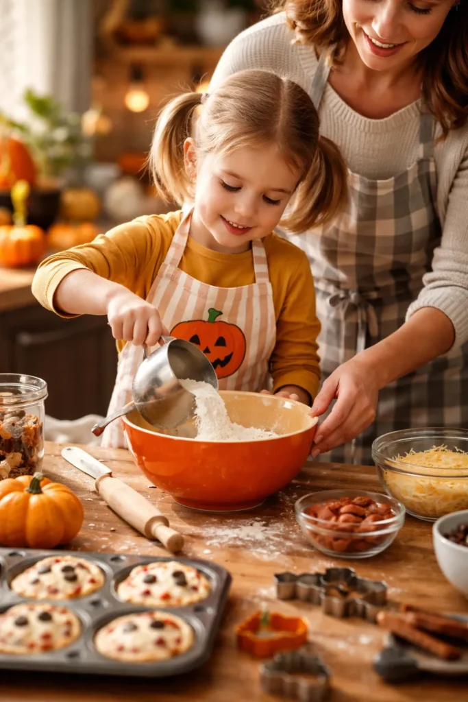 8 Halloween Dinner Ideas Your Kids Will Love 9 Parent and child measuring ingredients in a kitchen