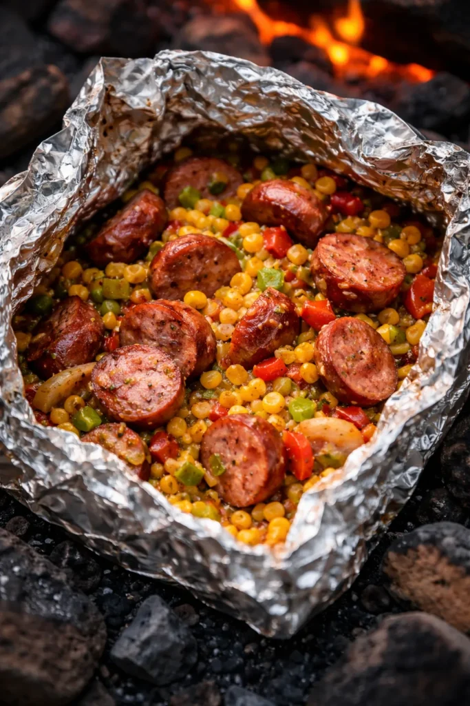 Foil packet opened showing kielbasa, corn and peppers