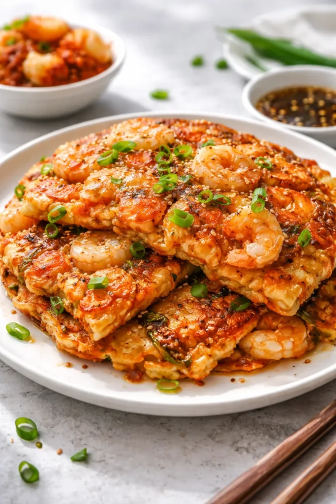 8 Savory Pancake Recipes for a Weekend Brunch 8 Kimchi and shrimp pancake close-up with visible kimchi chunks