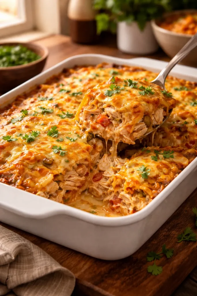10 Cheesy Chicken Casseroles Worth the Mess 3 King Ranch Chicken Casserole in a baking dish showing layers and cheese