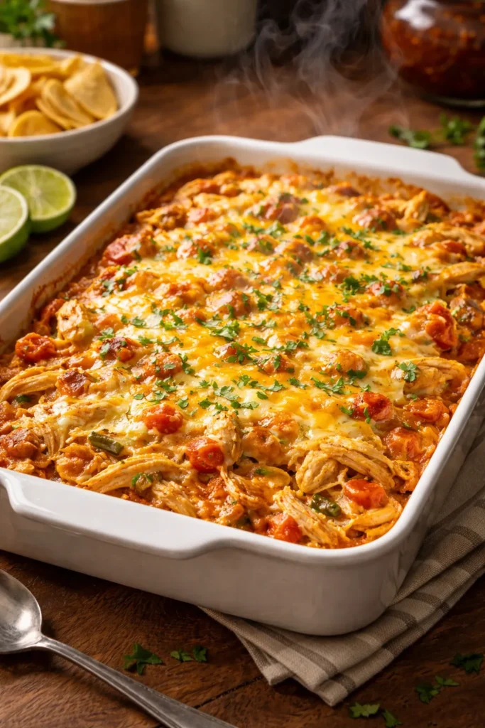 8 Potluck Recipes Everyone Asks You to Bring 1 Close-up of King Ranch Chicken Casserole in a baking dish showing layers and melted cheese