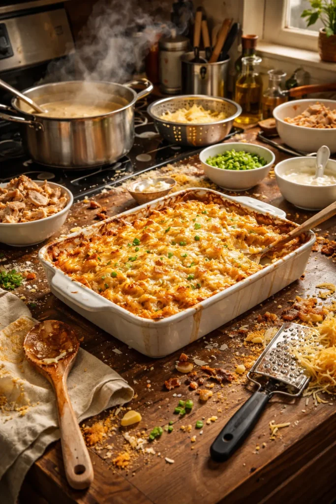 10 Cheesy Chicken Casseroles Worth the Mess 11 Messy kitchen with roux pot, pasta strainer, and casserole dish