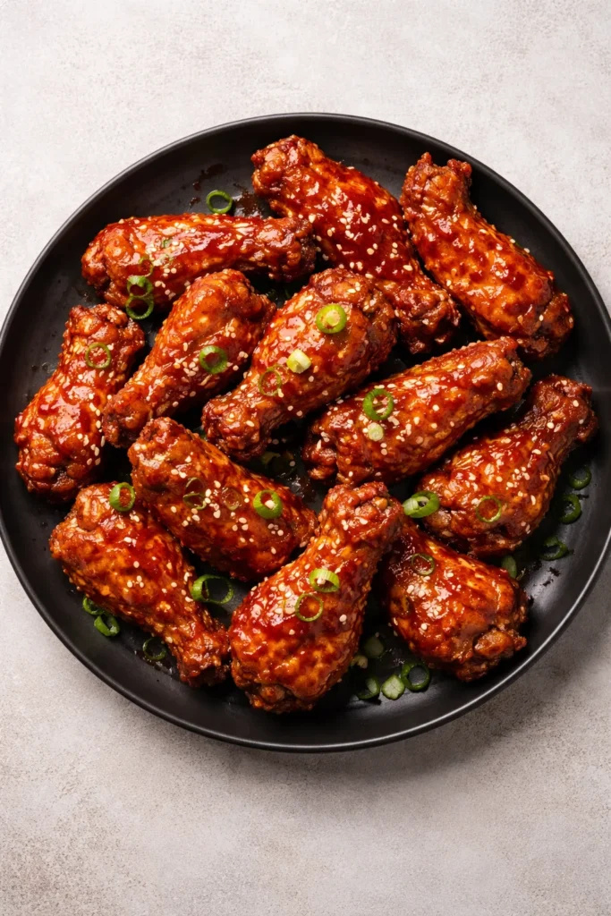 12 Air Fryer Dinners Crispy Without the Oil 3 Glossy lacquered Korean fried chicken wings on a dark plate