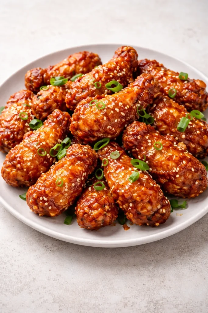 12 Chicken Wing Recipes for Game Night 3 Ultra-crispy Korean fried chicken wings on a plate