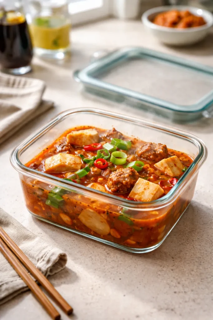 12 Easy Korean Recipes for Weeknight Dinners 14 Glass container of leftover Korean stew on a counter, ready for storage or reheating.