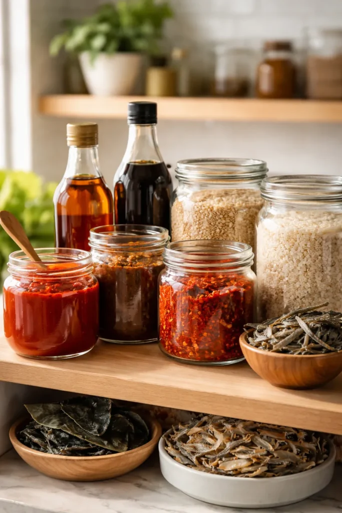 12 Easy Korean Recipes for Weeknight Dinners 13 Close-up of Korean pantry staples on a shelf: gochujang, doenjang, gochugaru, soy sauce, sesame oil, sesame seeds, rice, dried anchovies and kelp.