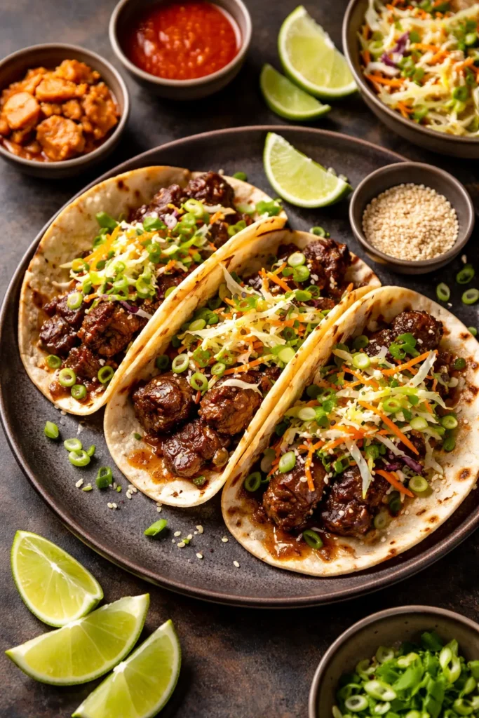 12 Mexican Dinner Recipes for Taco Night 12 Short rib tacos with napa cabbage slaw on dark plate