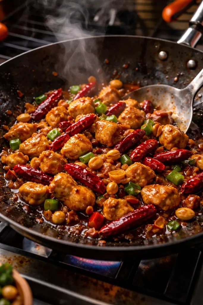 Close-up of kung pao chicken with peanuts and chilies in a wok