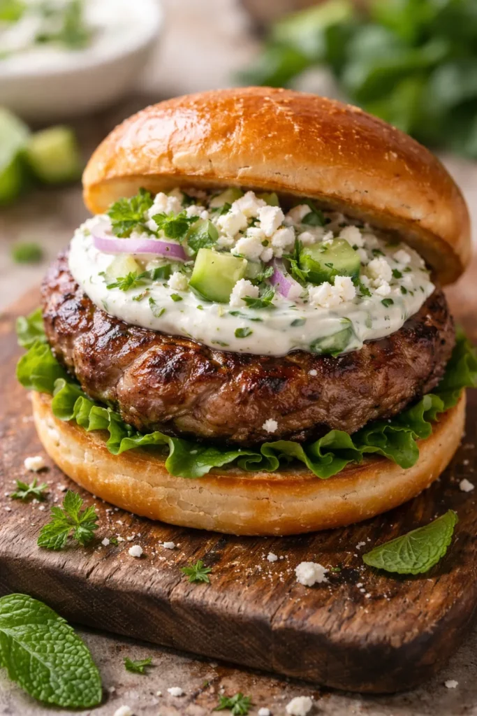 Close-up of lamb burger with tzatziki and feta on a bun