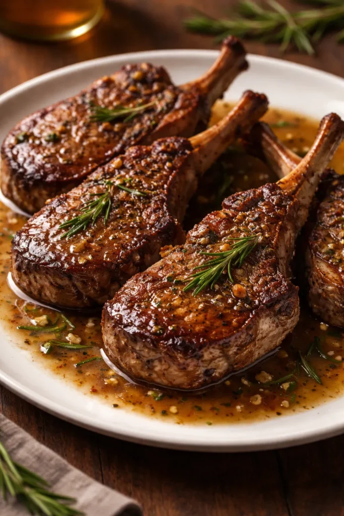 8 Lamb Chop Recipes for a Special Dinner 3 Lamb chops with rosemary gravy on plate