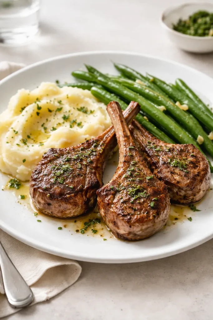 8 Lamb Chop Recipes for a Special Dinner 10 Lamb chops plated with mashed potatoes and green beans