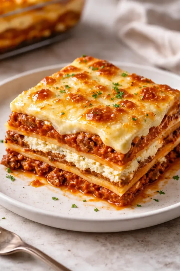 Lasagna slice showing layers with béchamel top