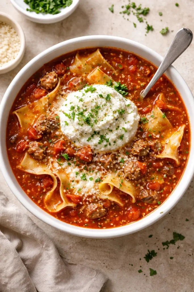 Lasagna soup with ricotta dollop and melted mozzarella in a bowl