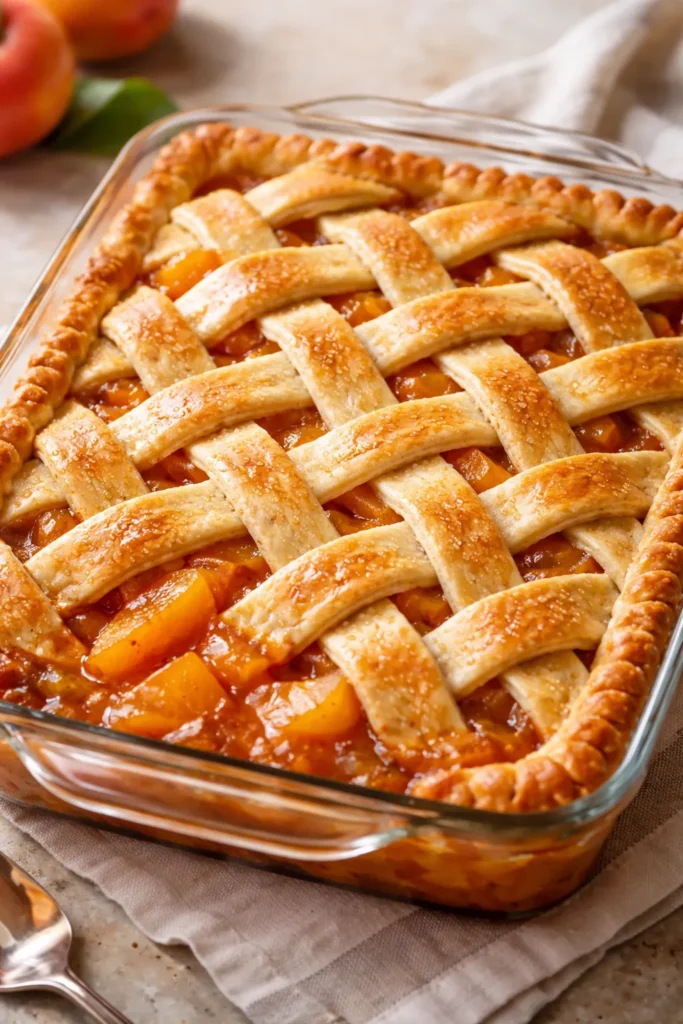 Elegant peach cobbler featuring a hand-woven lattice pastry top and jammy fruit filling