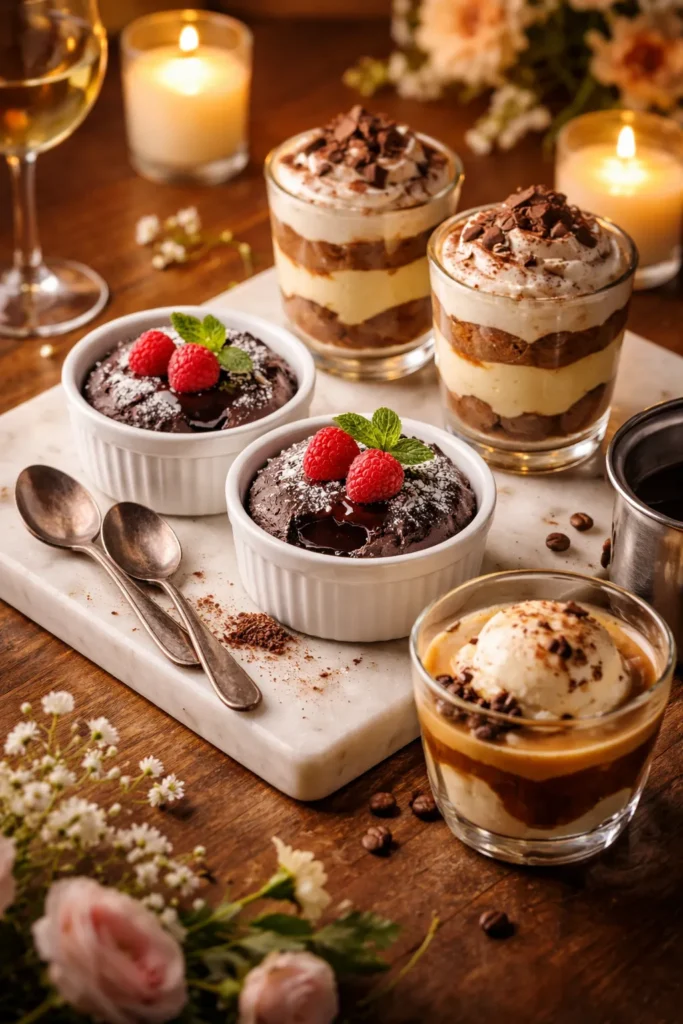 Dessert trio: lava cakes, tiramisu cups, affogato on candlelit table