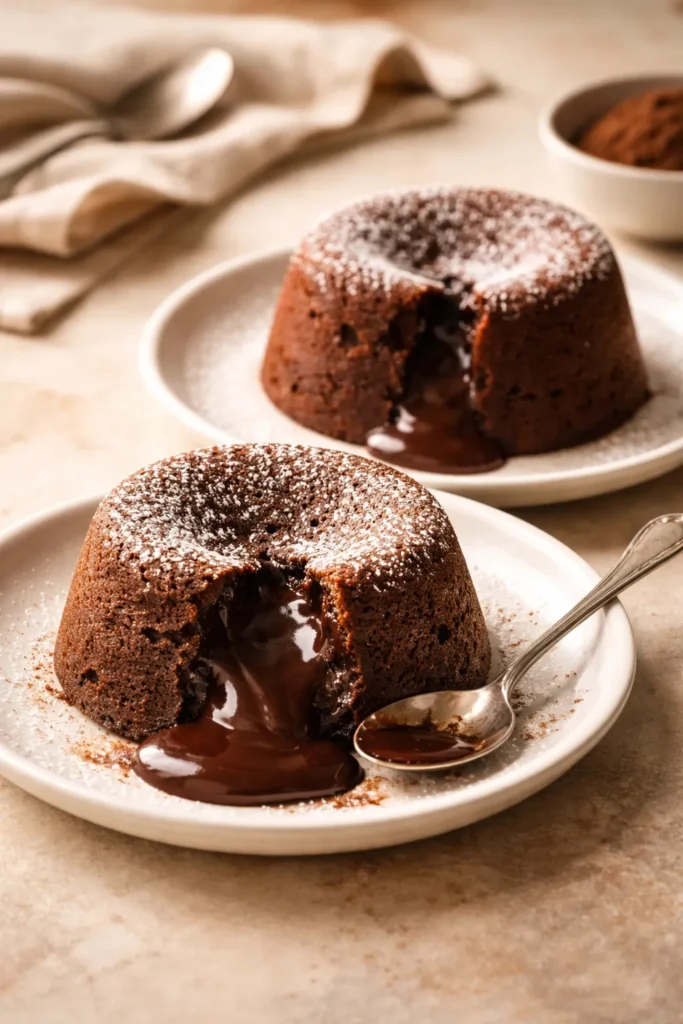 Two chocolate lava cakes with molten centers just visible on simple plates.