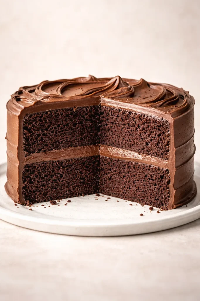 The Only Chocolate Cake Recipe You Need 4 Cross-section of a two-layer chocolate cake with even layers