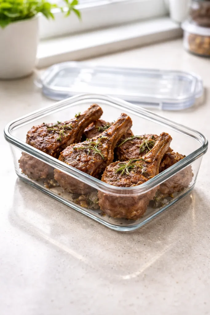 8 Lamb Chop Recipes for a Special Dinner 11 Leftover lamb chops in a glass container on a kitchen counter