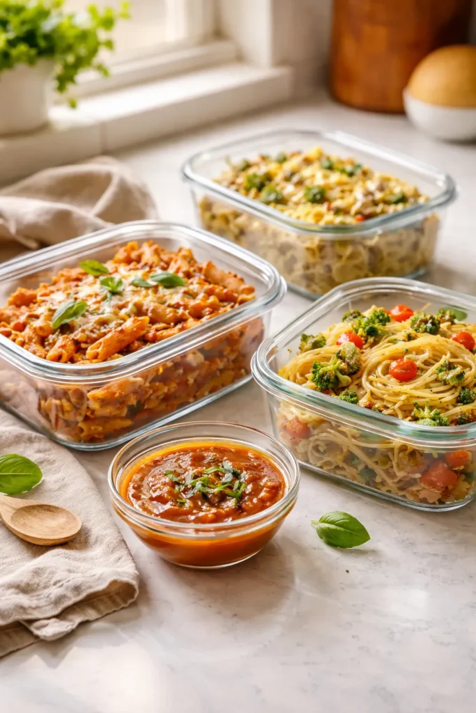 Leftovers pasta storage in glass containers on a counter, with a separate sauce dish beside