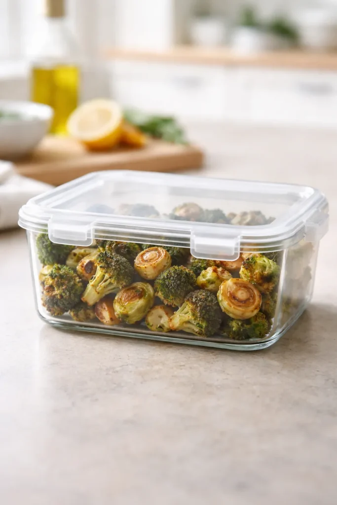 8 Roasted Broccoli and Sprout Side Dishes 10 Airtight container of leftovers with roasted broccoli and Brussels sprouts
