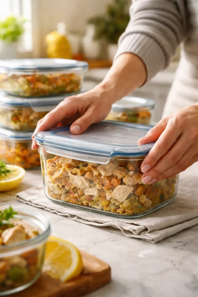 8 Leftover Turkey Recipes That Taste Better 9 Hands sealing a glass storage container of leftovers