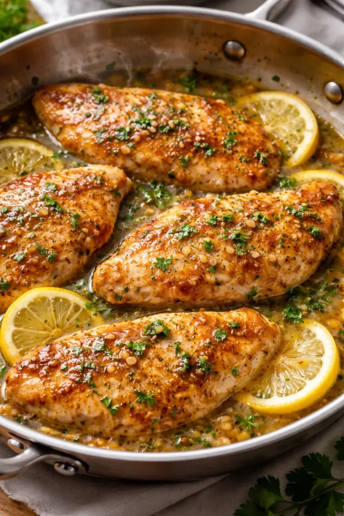 8 Easy Lemon Chicken Recipes for Weeknights 1 Pan-seared lemon butter chicken cutlets in a skillet with fresh garlic and parsley