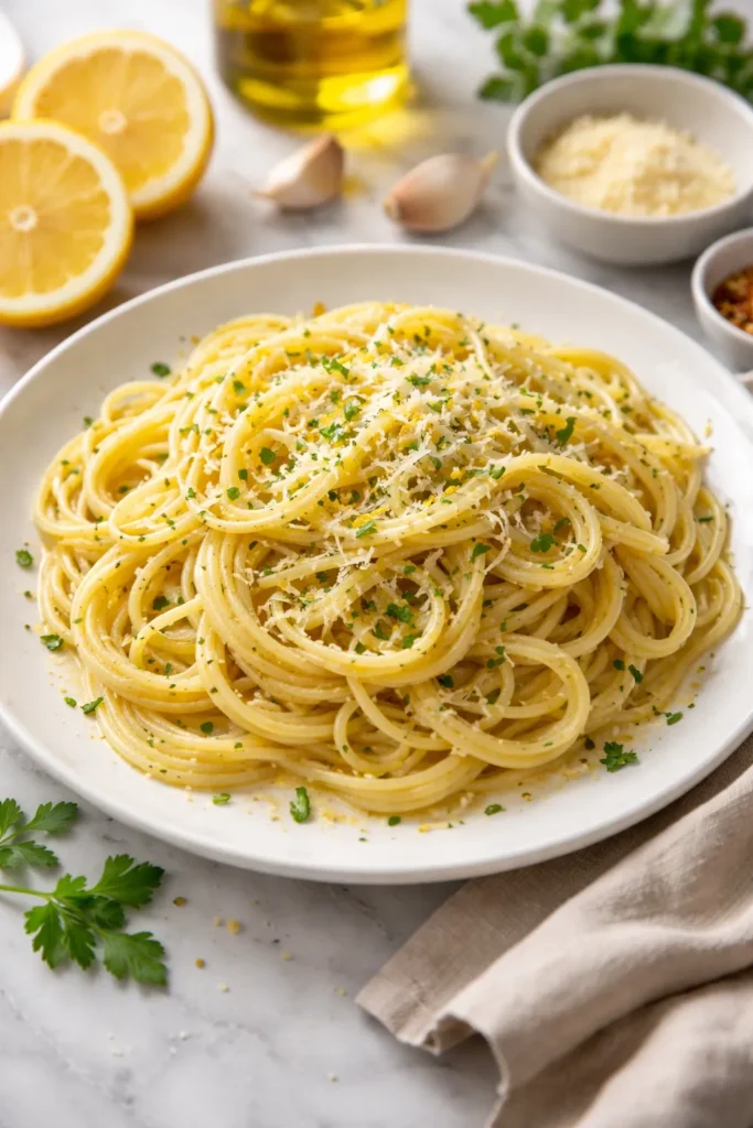 Spaghetti with lemon butter sauce, garlic, and parmesan on a simple plate