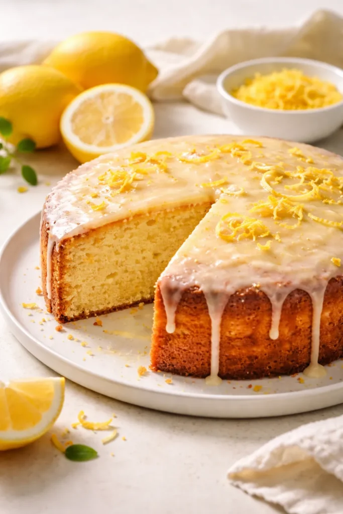 Lemon cake with moist crumb and glossy top on neutral background