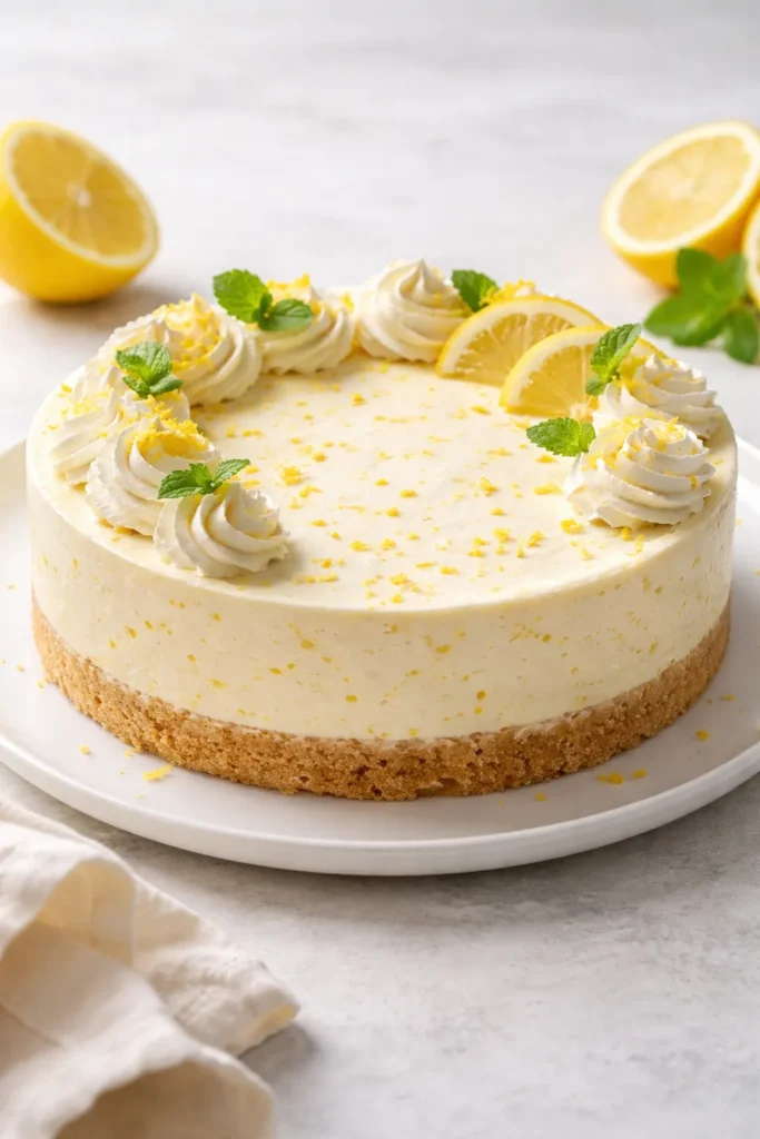 10 No Bake Cheesecakes for Hot Summer Days 6 Lemon zest flecks in pale cheesecake on plate
