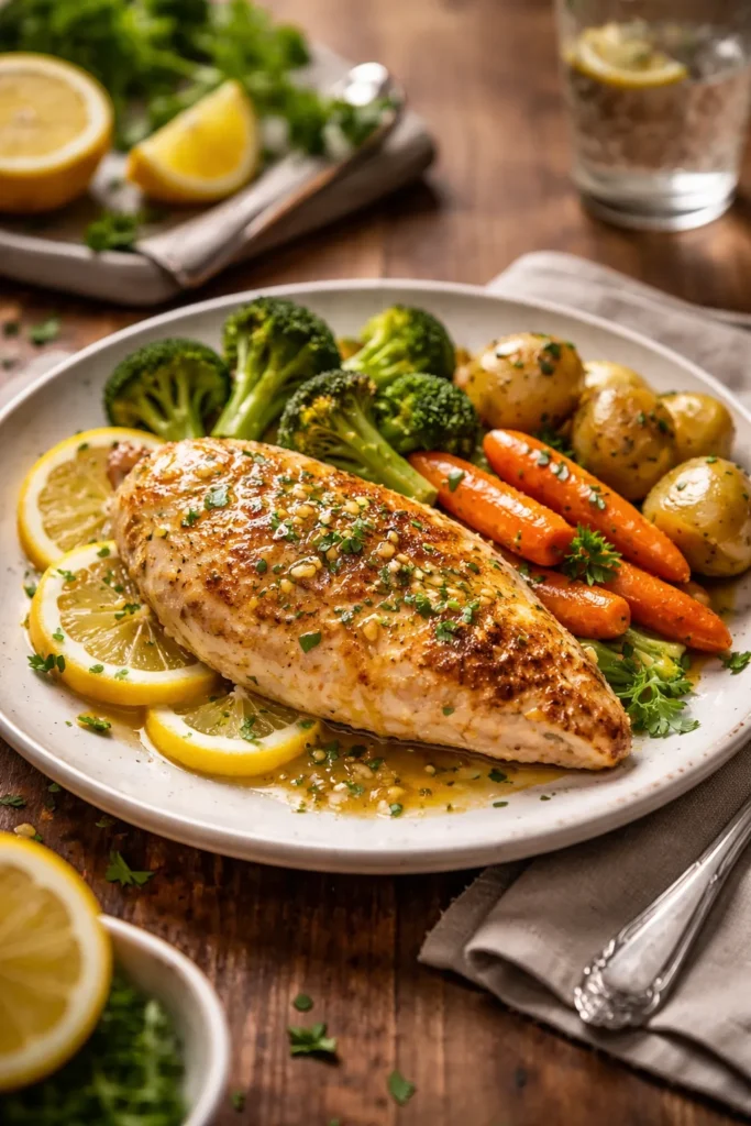 8 Easy Lemon Chicken Recipes for Weeknights 9 A finished plate of lemon chicken with fresh herbs and lemon wedges on a table