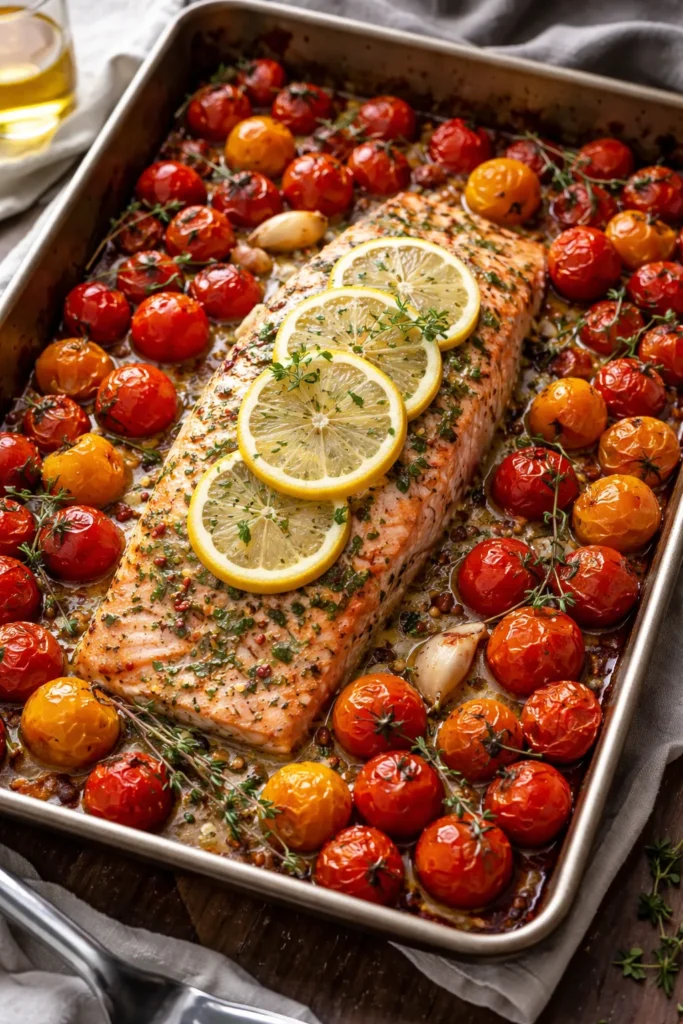 10 Easy Dinners for One That Feel Like a Treat 6 Salmon fillet with blistered cherry tomatoes on a sheet pan