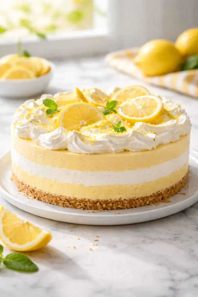 5 Easy No Bake Cakes Perfect for Summer 5 Lemon icebox cake with lemon-yellow layers in pan