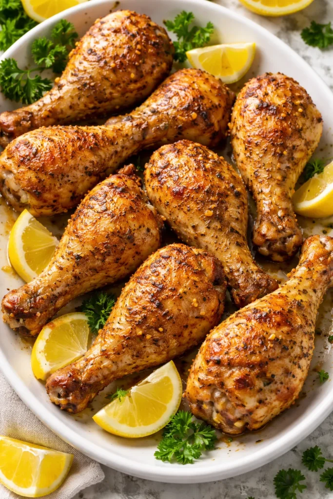 10 Crispy Chicken Drumstick Recipes for Dinner 4 Crispy lemon pepper chicken legs on a neutral surface