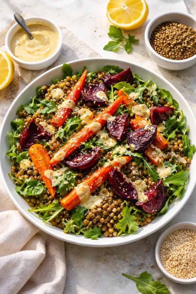 10 Clean Eating Recipes for the Whole Week 10 Lentil beet carrot salad with lemon tahini dressing
