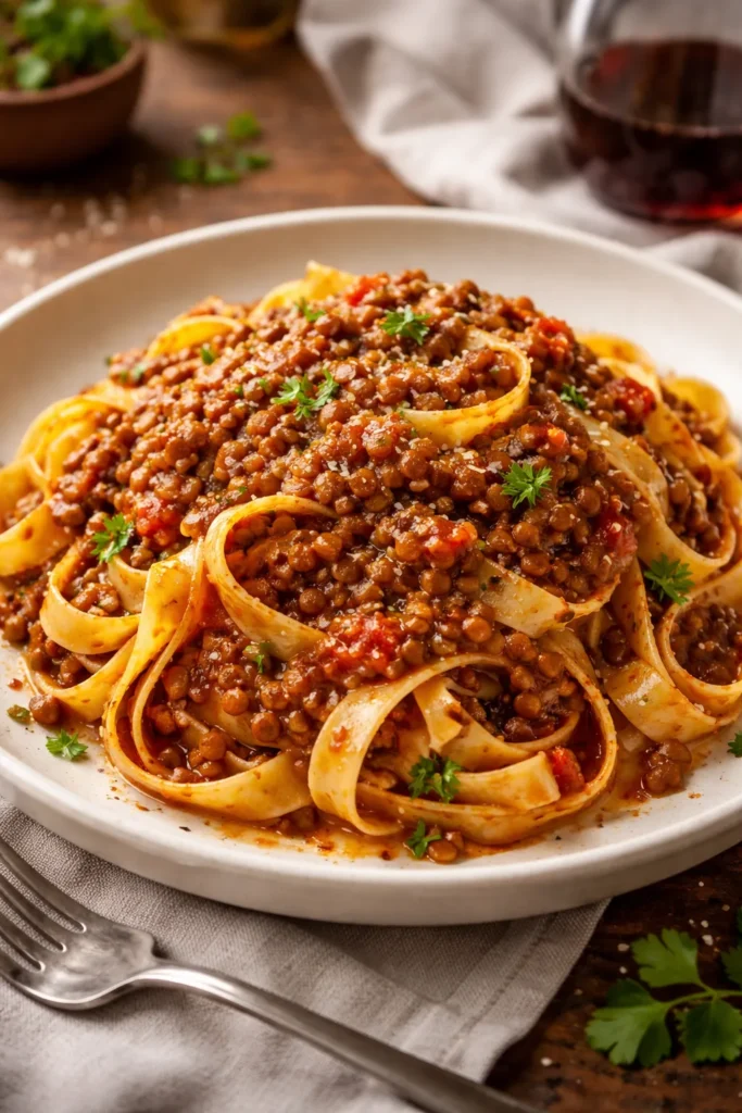 Lentil bolognese sauce clinging to wide pasta noodles